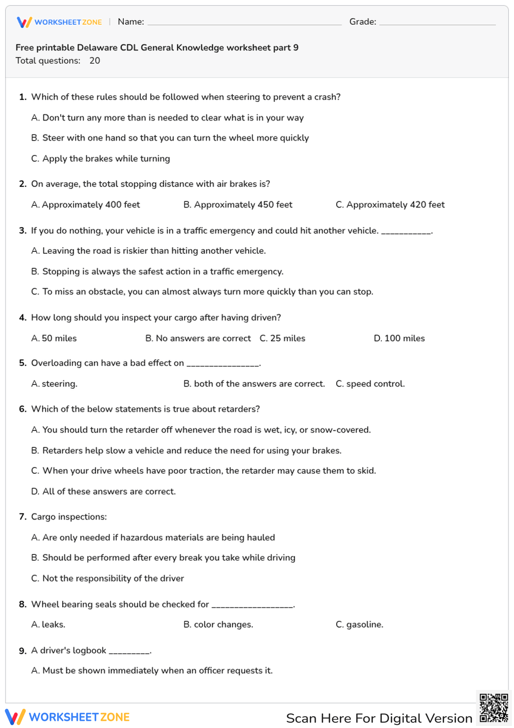 Free printable Delaware CDL General Knowledge worksheet part 9
