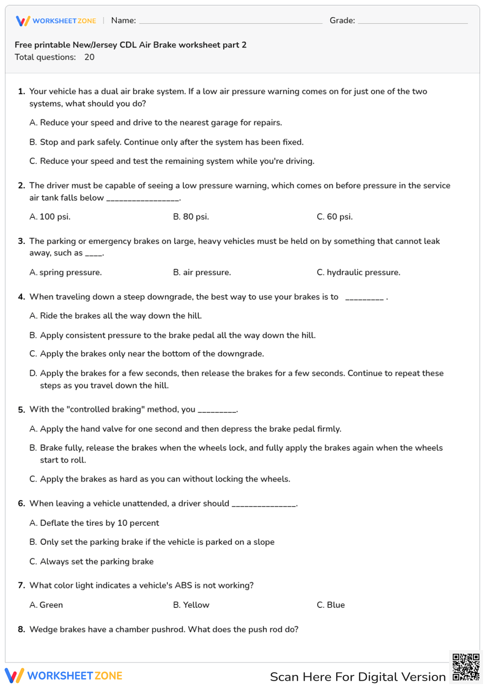Free printable New/Jersey CDL Air Brake worksheet part 2