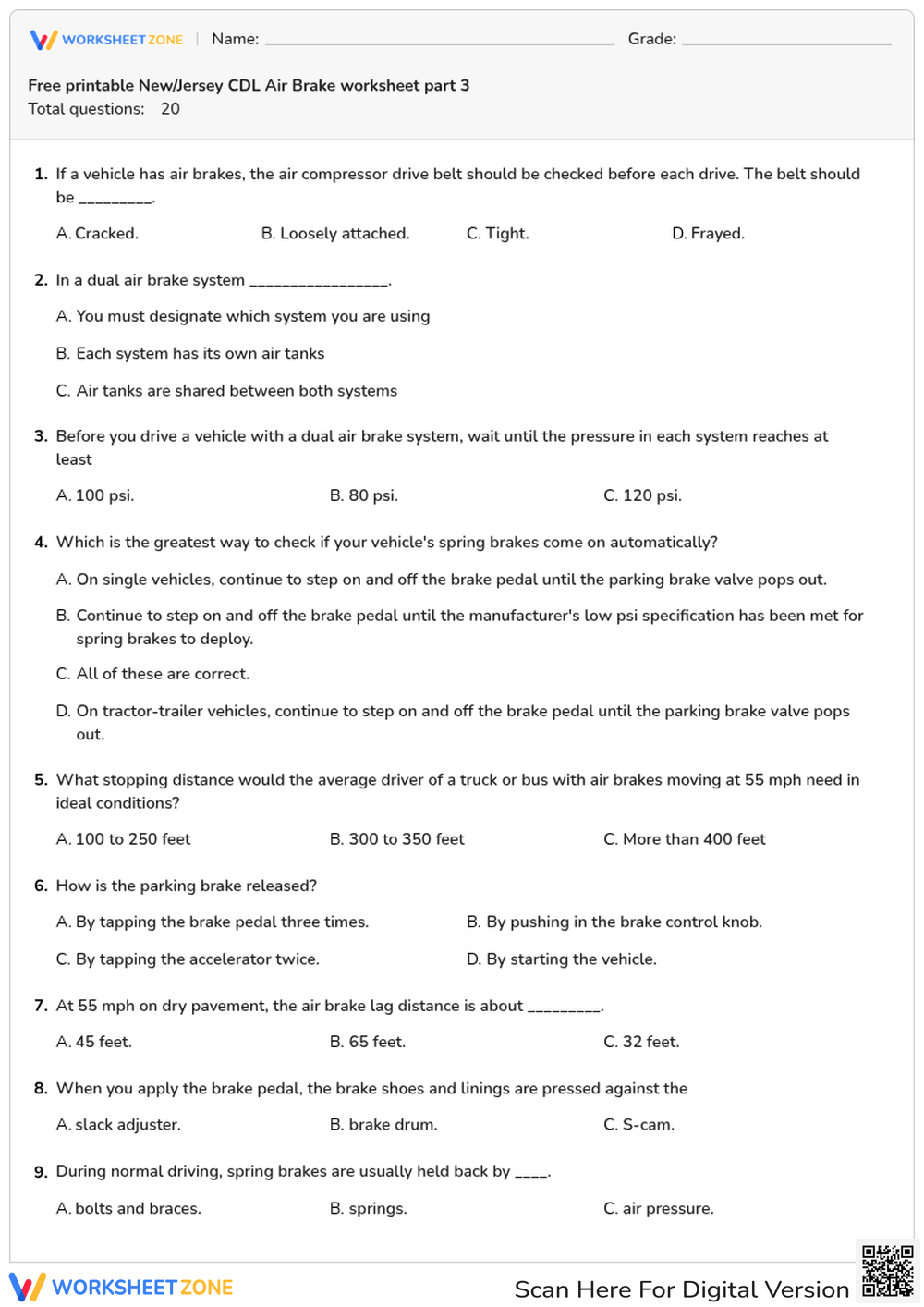 Free printable New/Jersey CDL Air Brake worksheet part 3