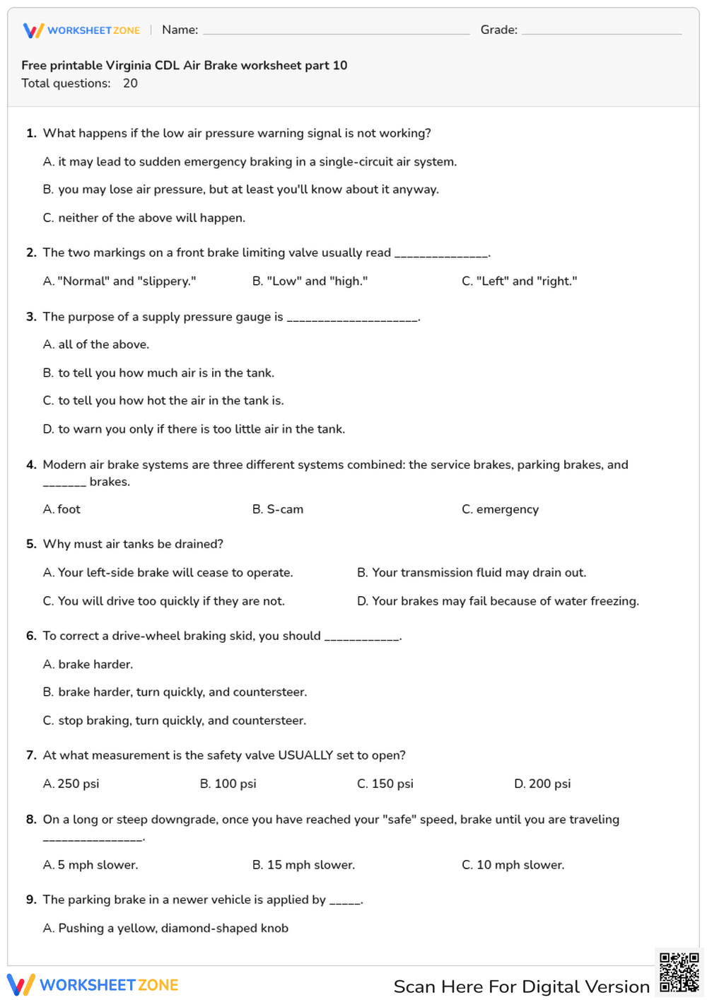 Free printable Virginia CDL Air Brake worksheet part 10