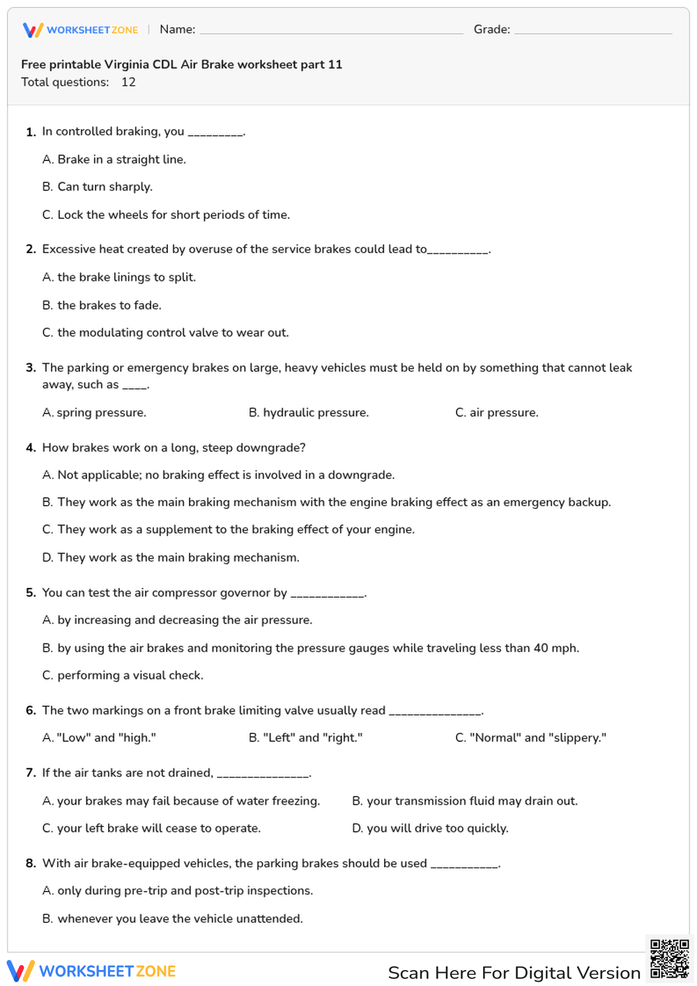 Free printable Virginia CDL Air Brake worksheet part 11
