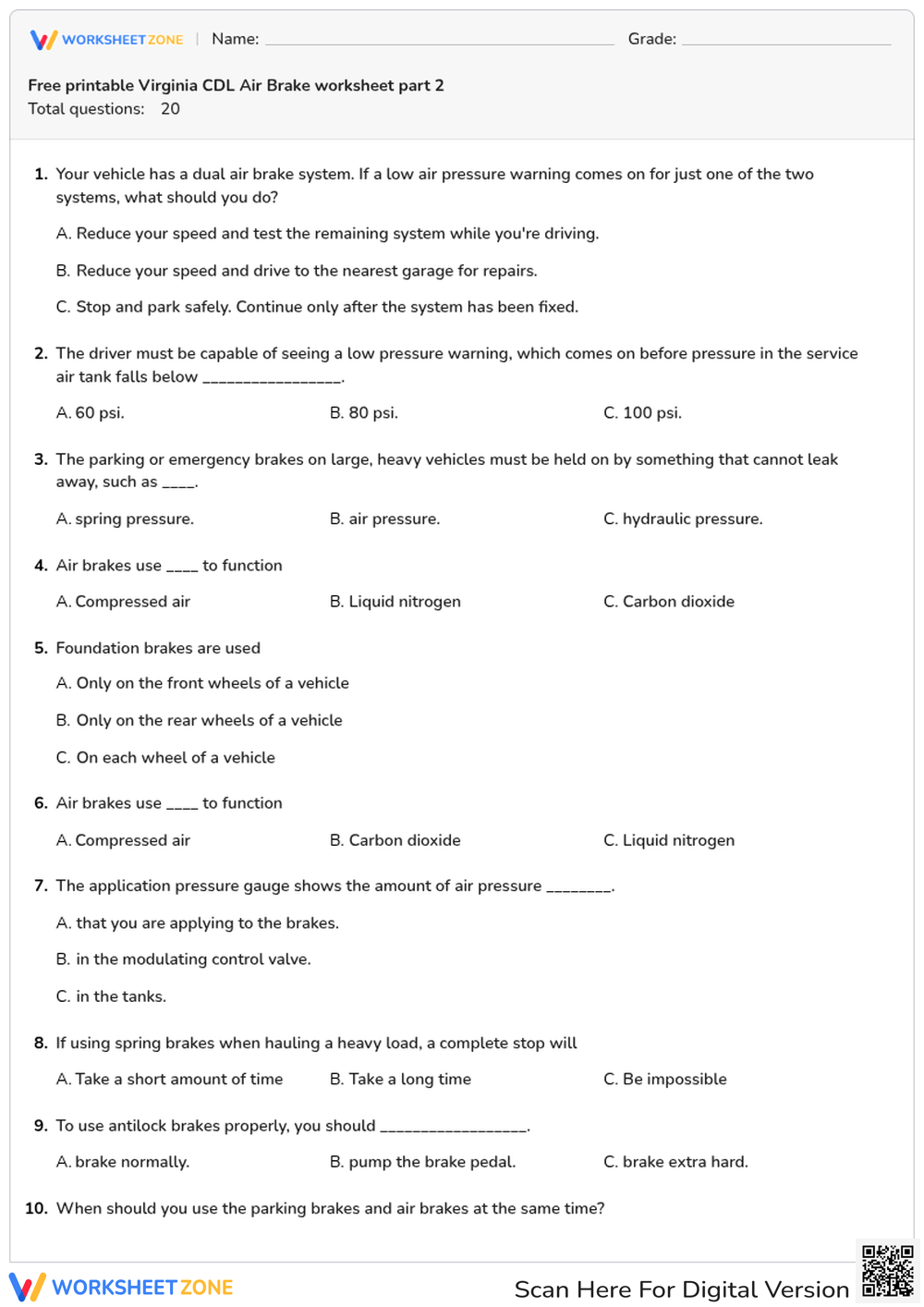 Free printable Virginia CDL Air Brake worksheet part 2