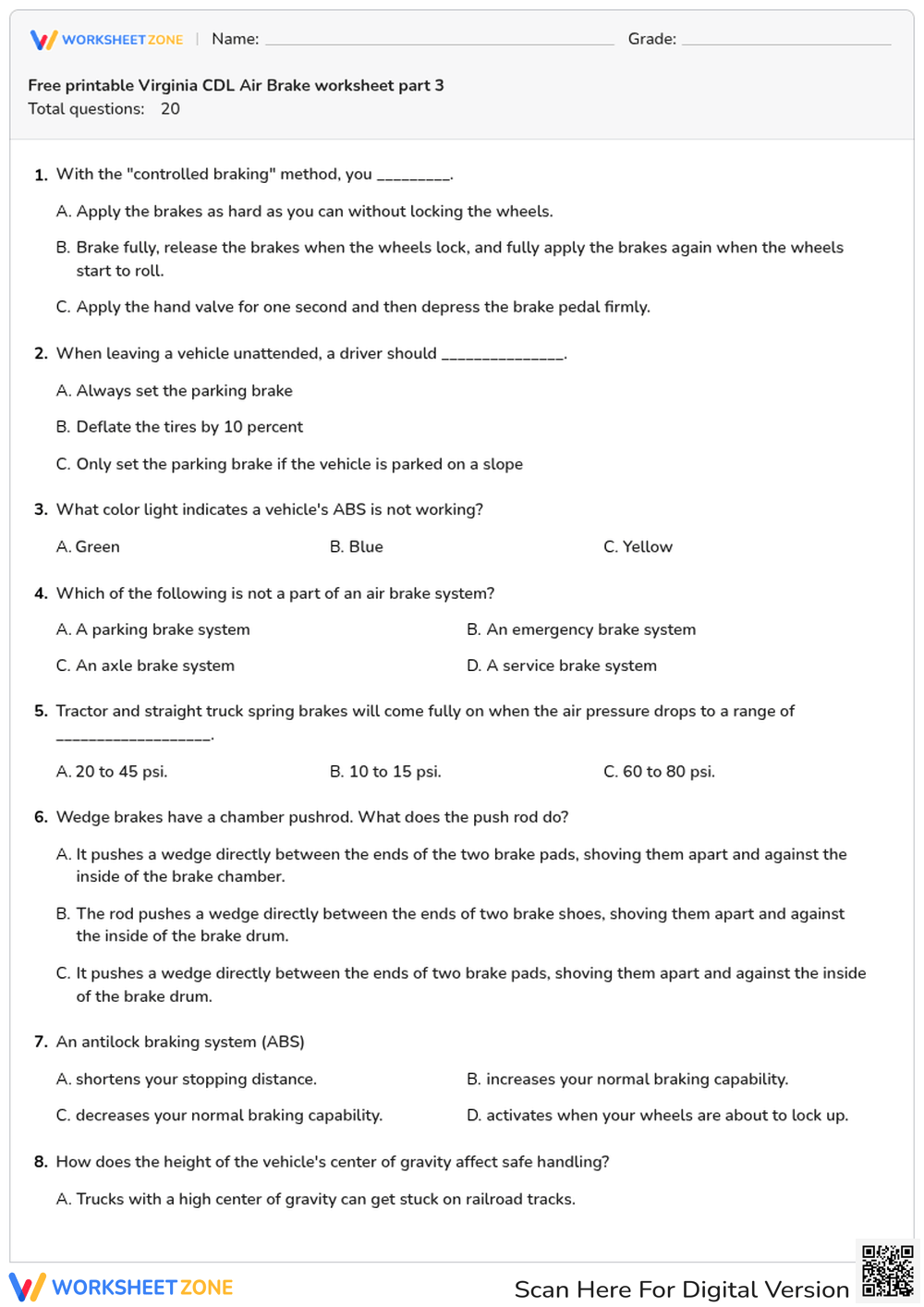 Free printable Virginia CDL Air Brake worksheet part 3