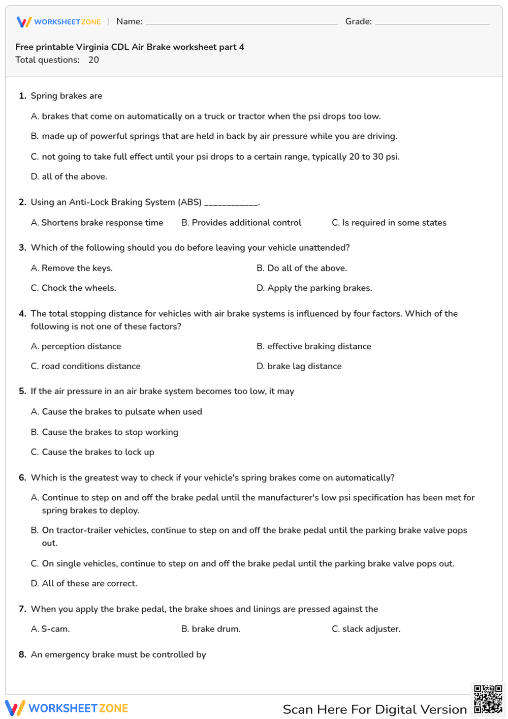 Free printable Virginia CDL Air Brake worksheet part 4