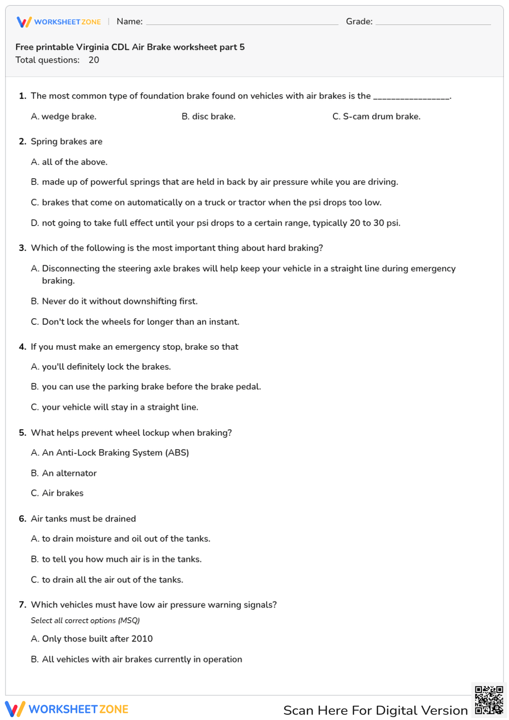 Free printable Virginia CDL Air Brake worksheet part 5