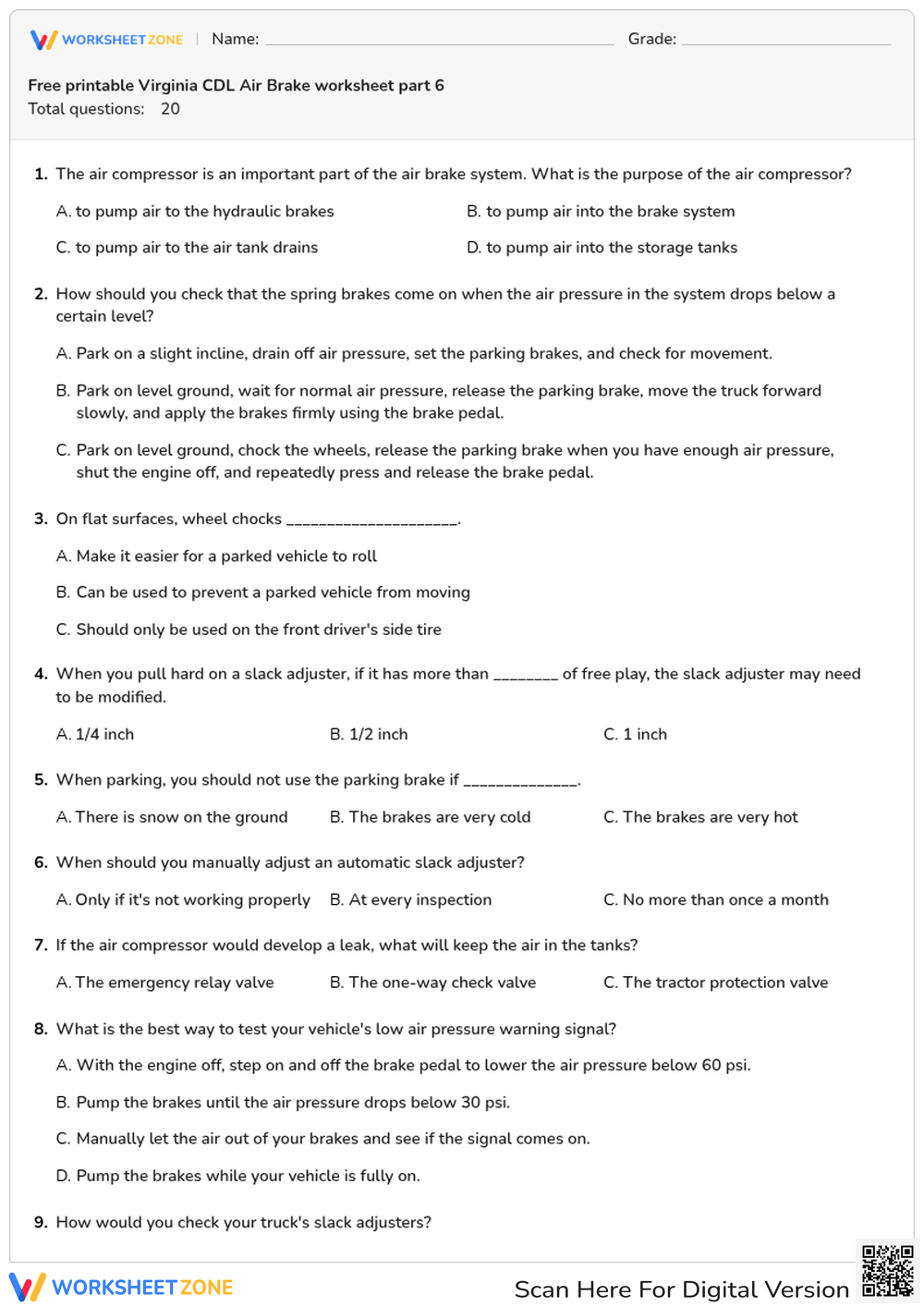 Free printable Virginia CDL Air Brake worksheet part 6