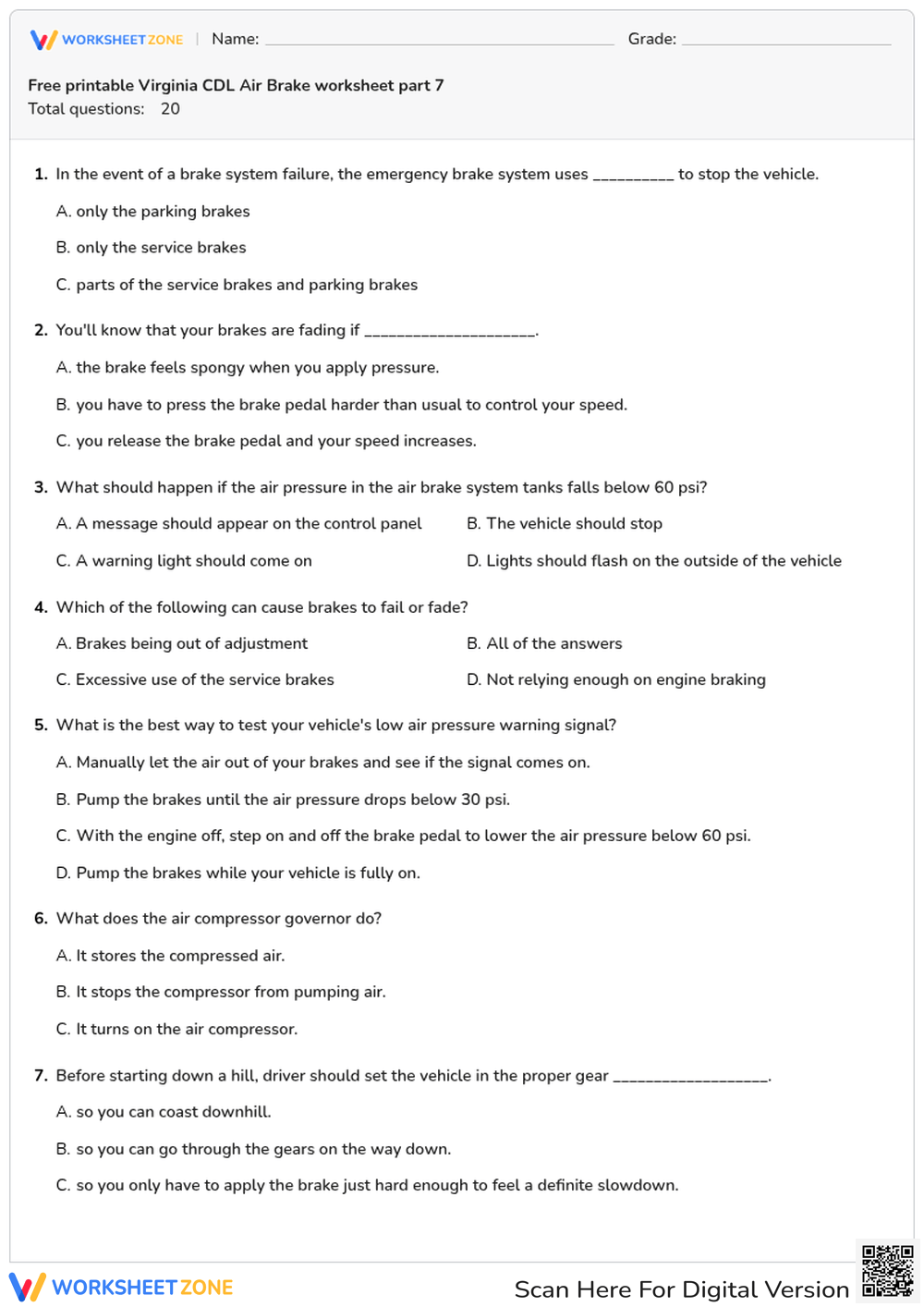 Free printable Virginia CDL Air Brake worksheet part 7
