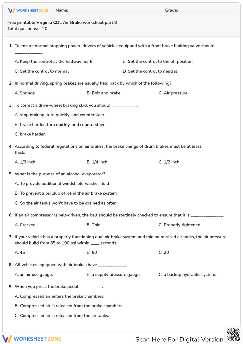 Free printable Virginia CDL Air Brake worksheet part 8