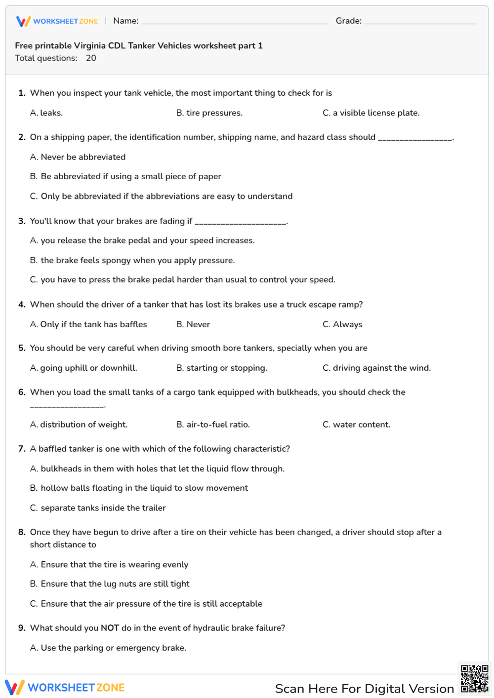 Free printable Virginia CDL Tanker Vehicles worksheet part 1