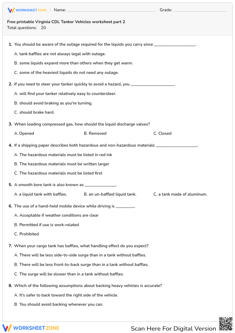 Free printable Virginia CDL Tanker Vehicles worksheet part 2