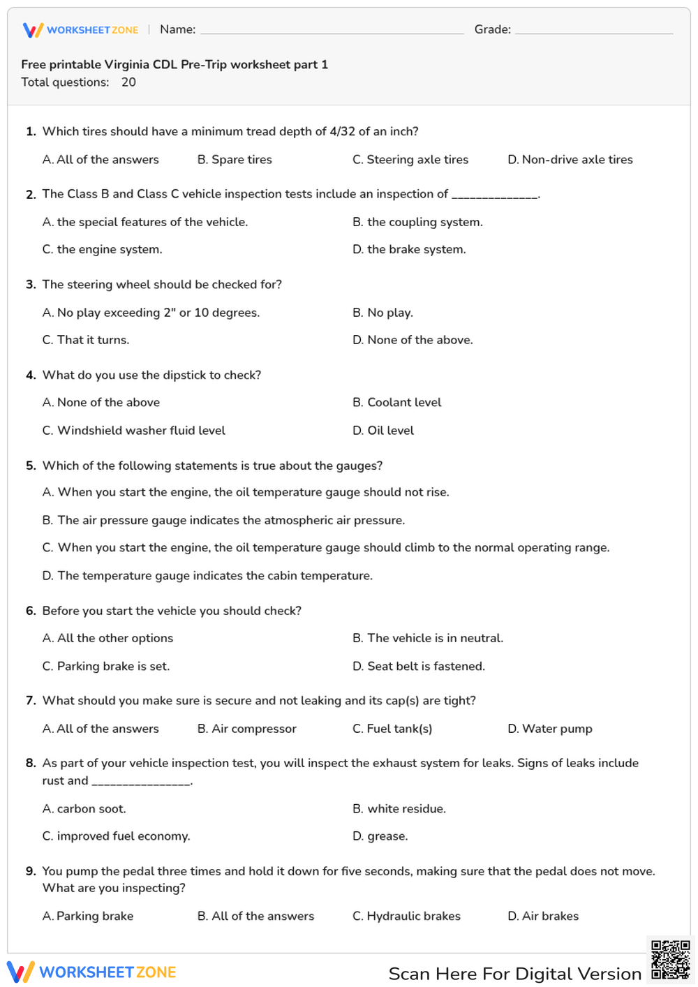 Free printable Virginia CDL Pre-Trip worksheet part 1