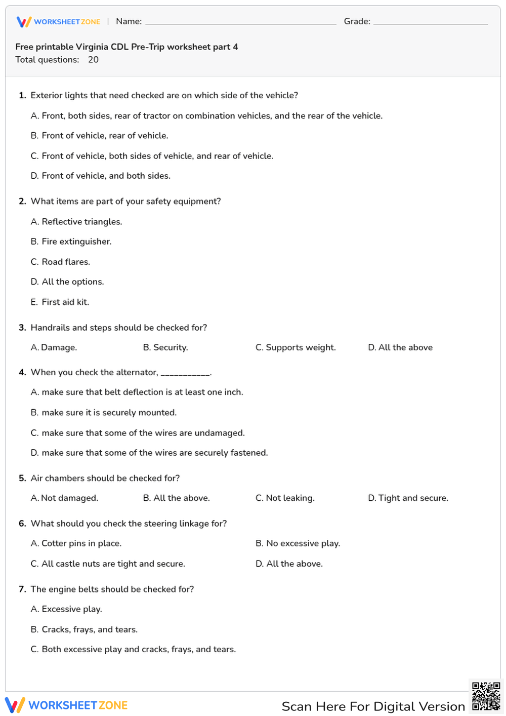 Free printable Virginia CDL Pre-Trip worksheet part 4