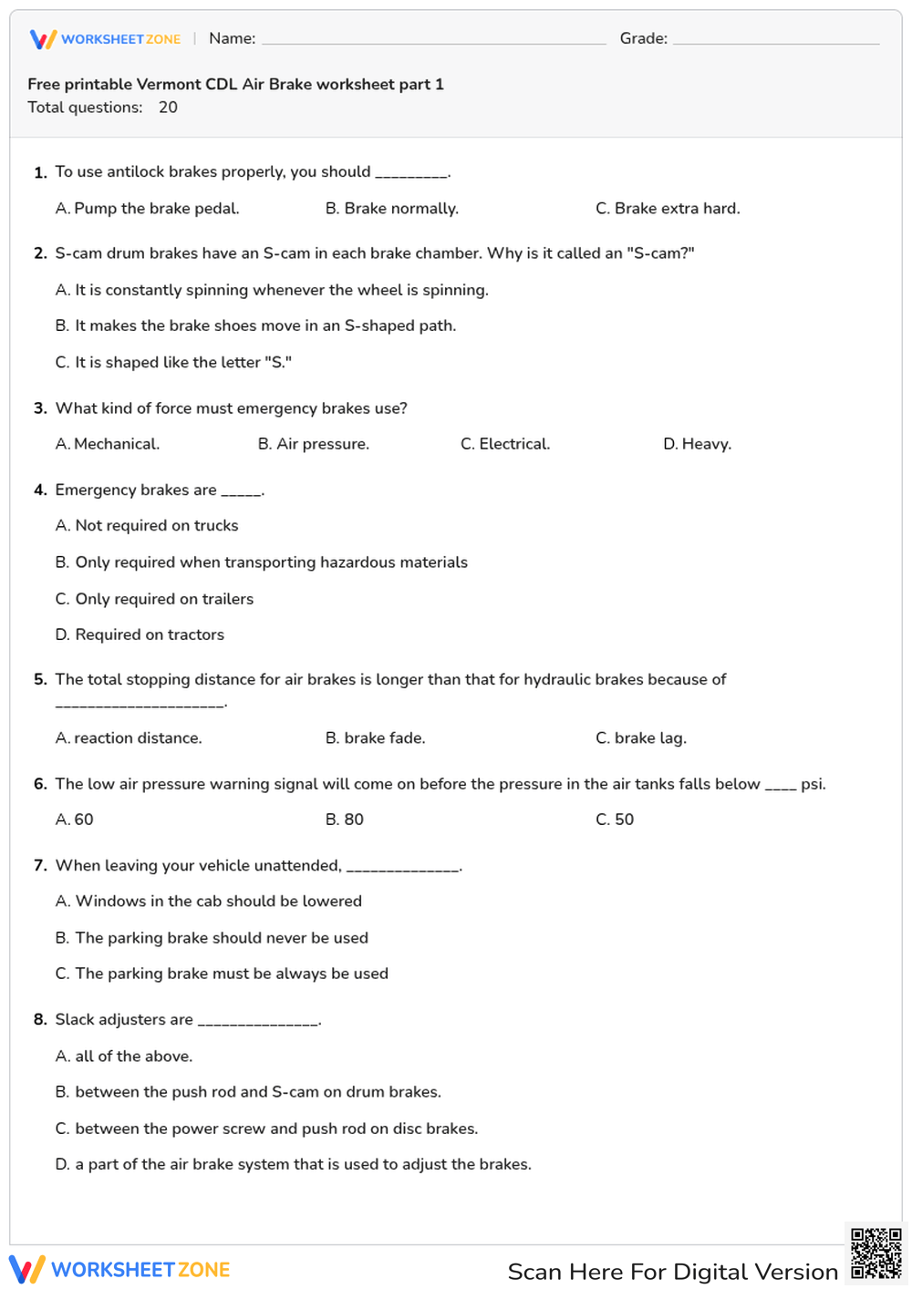 Free printable Vermont CDL Air Brake worksheet part 1
