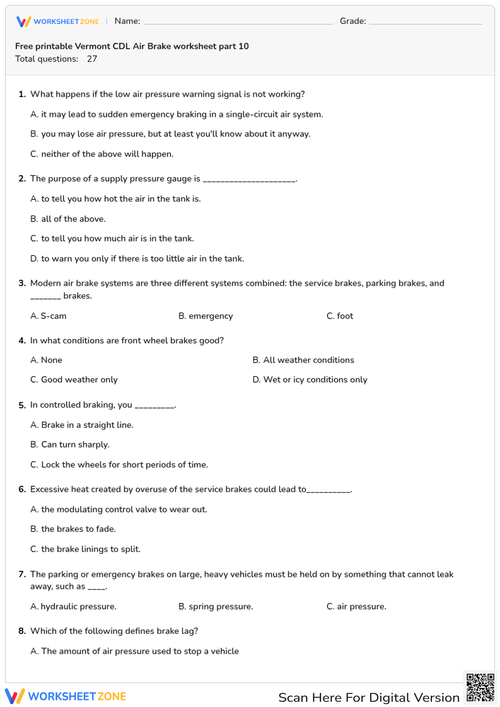 Free printable Vermont CDL Air Brake worksheet part 10
