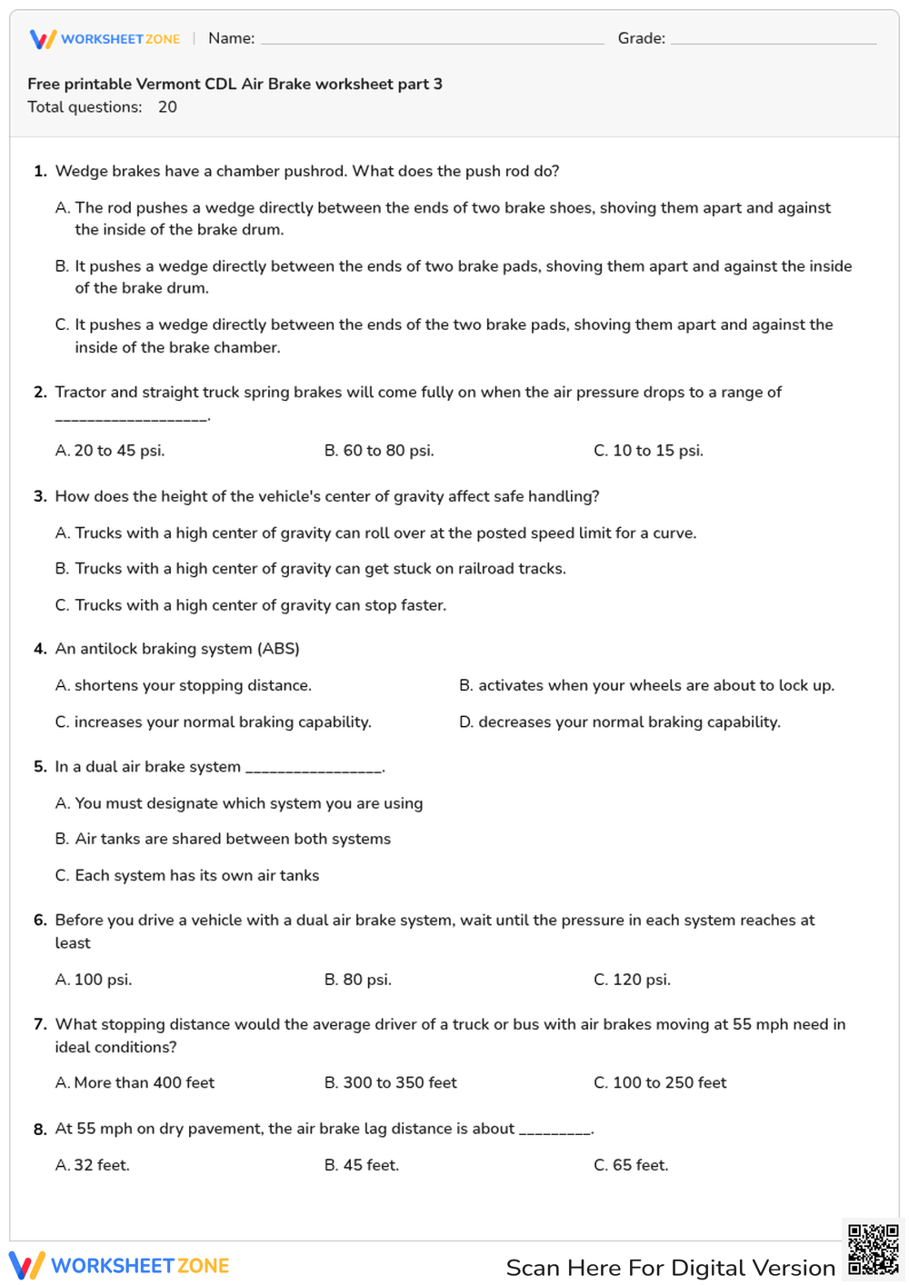 Free printable Vermont CDL Air Brake worksheet part 3