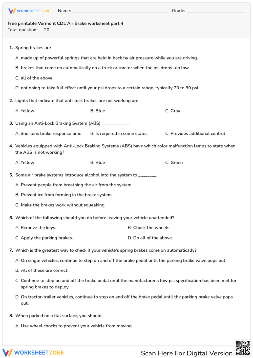 Free printable Vermont CDL Air Brake worksheet part 4