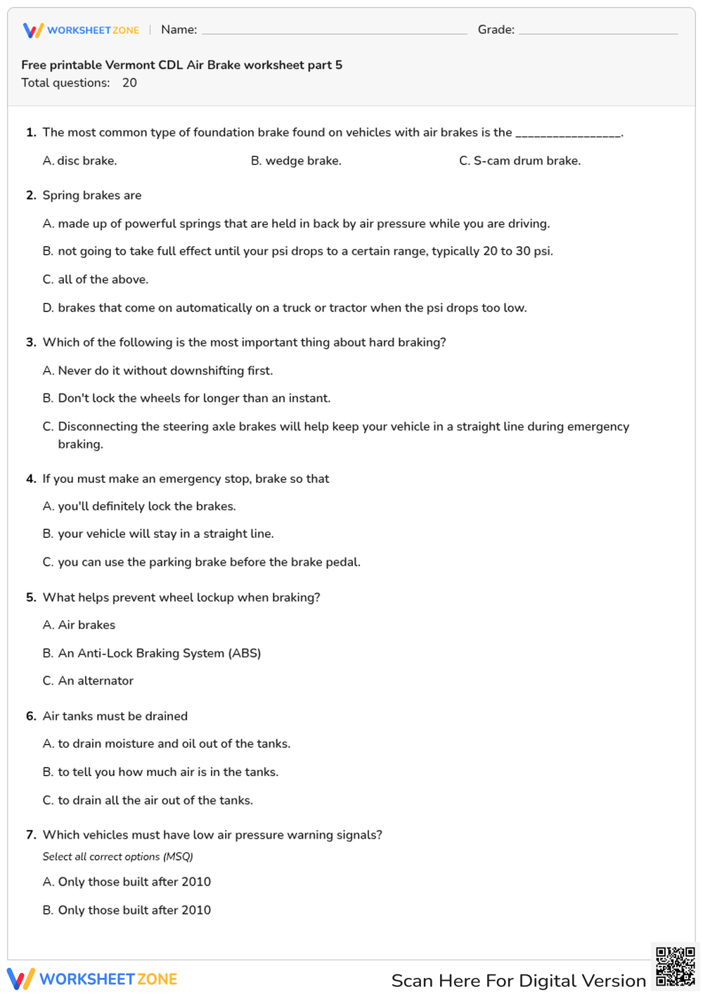 Free printable Vermont CDL Air Brake worksheet part 5