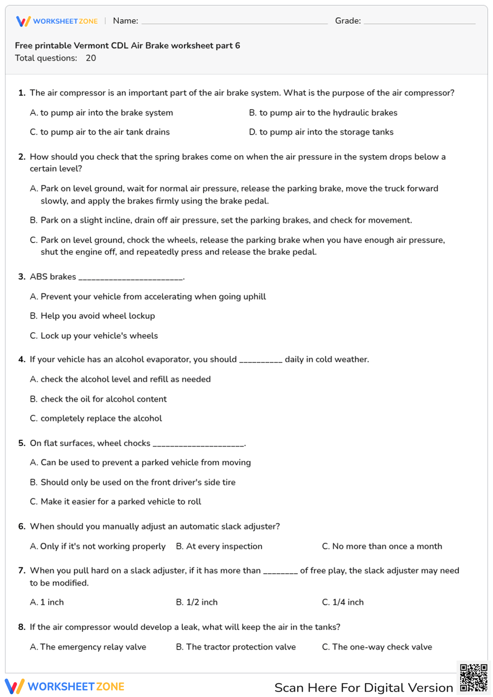 Free printable Vermont CDL Air Brake worksheet part 6