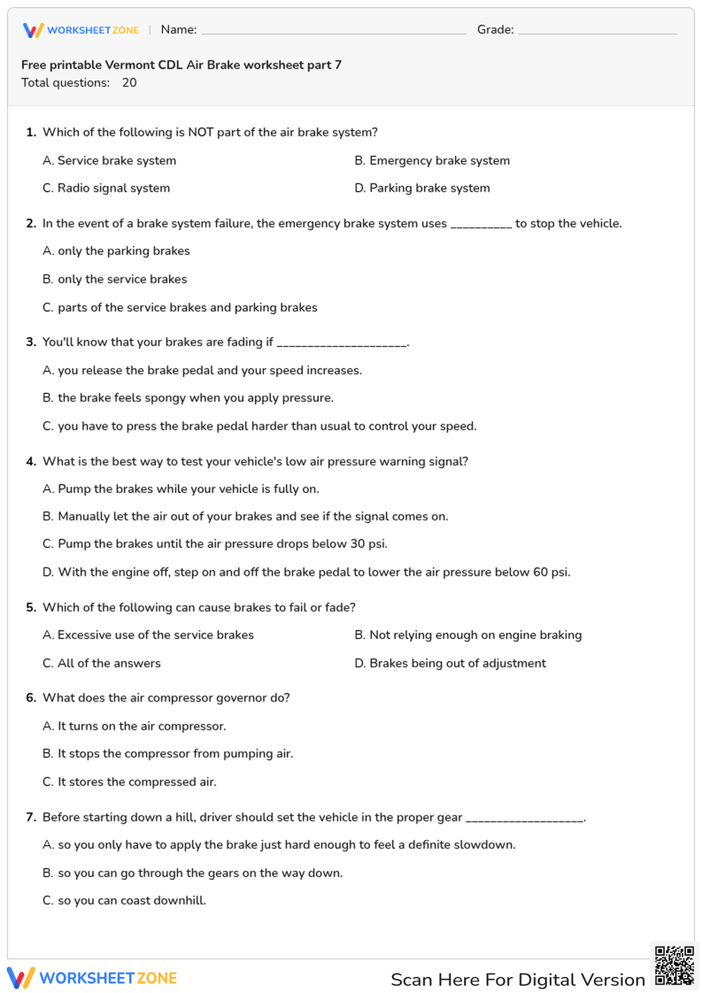 Free printable Vermont CDL Air Brake worksheet part 7