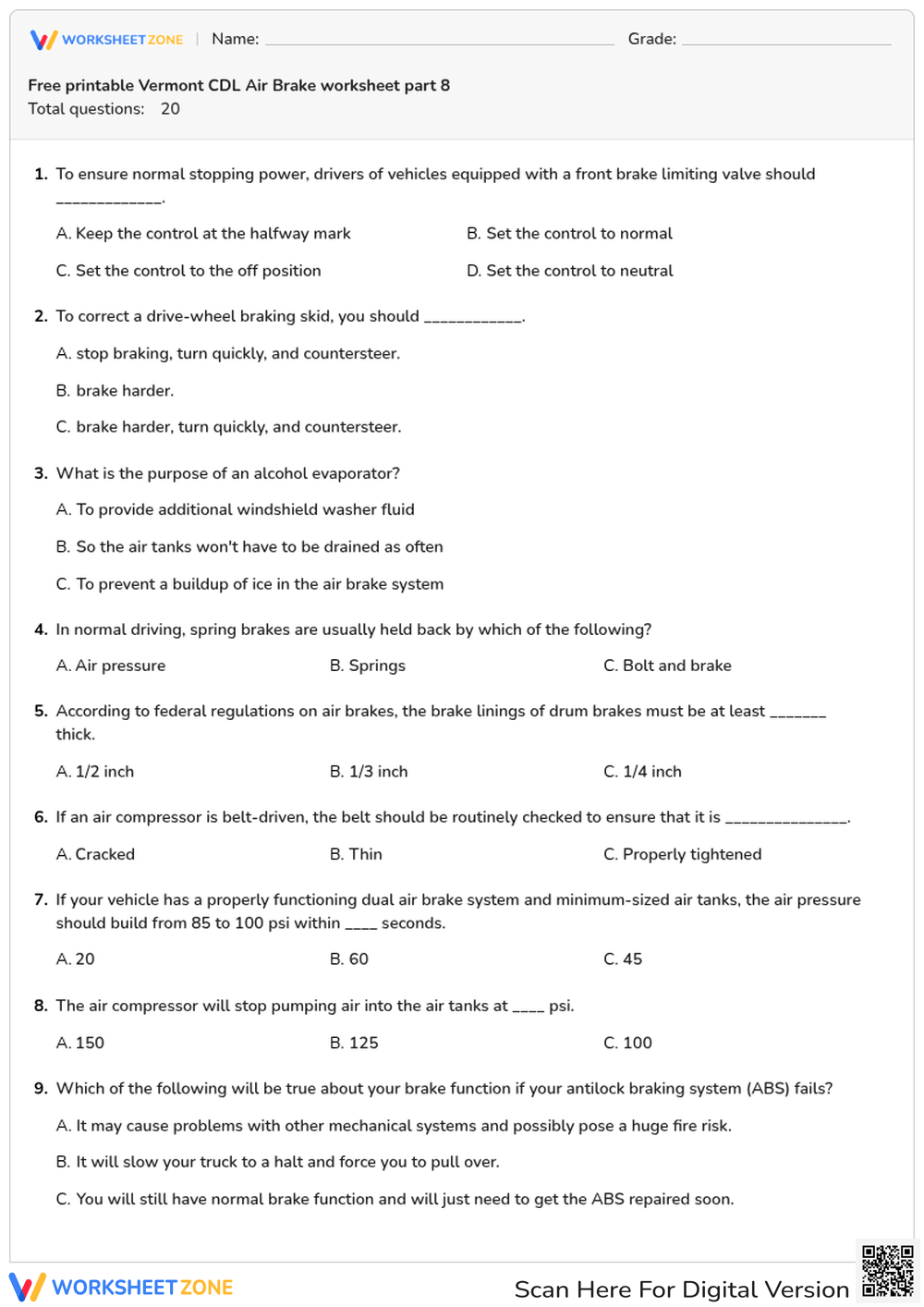 Free printable Vermont CDL Air Brake worksheet part 8