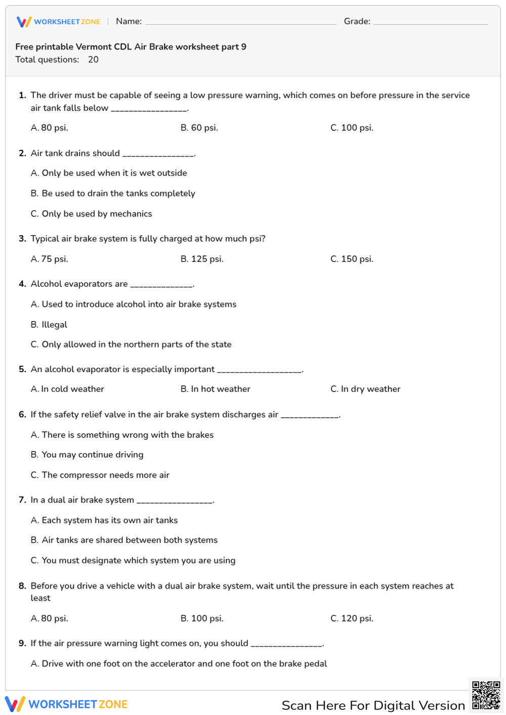 Free printable Vermont CDL Air Brake worksheet part 9