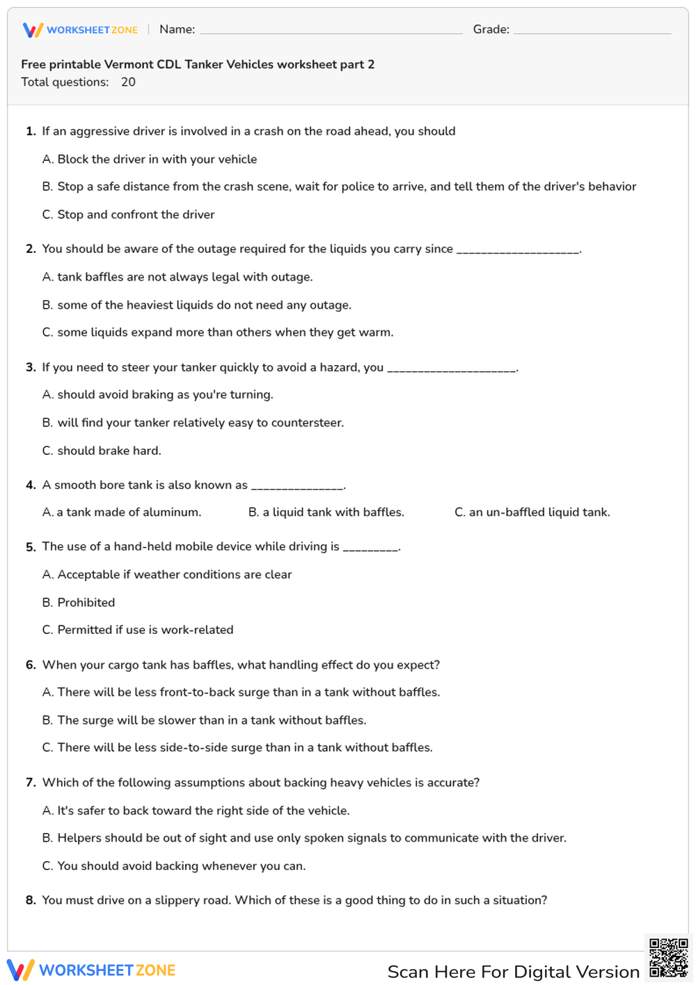 Free printable Vermont CDL Tanker Vehicles worksheet part 2