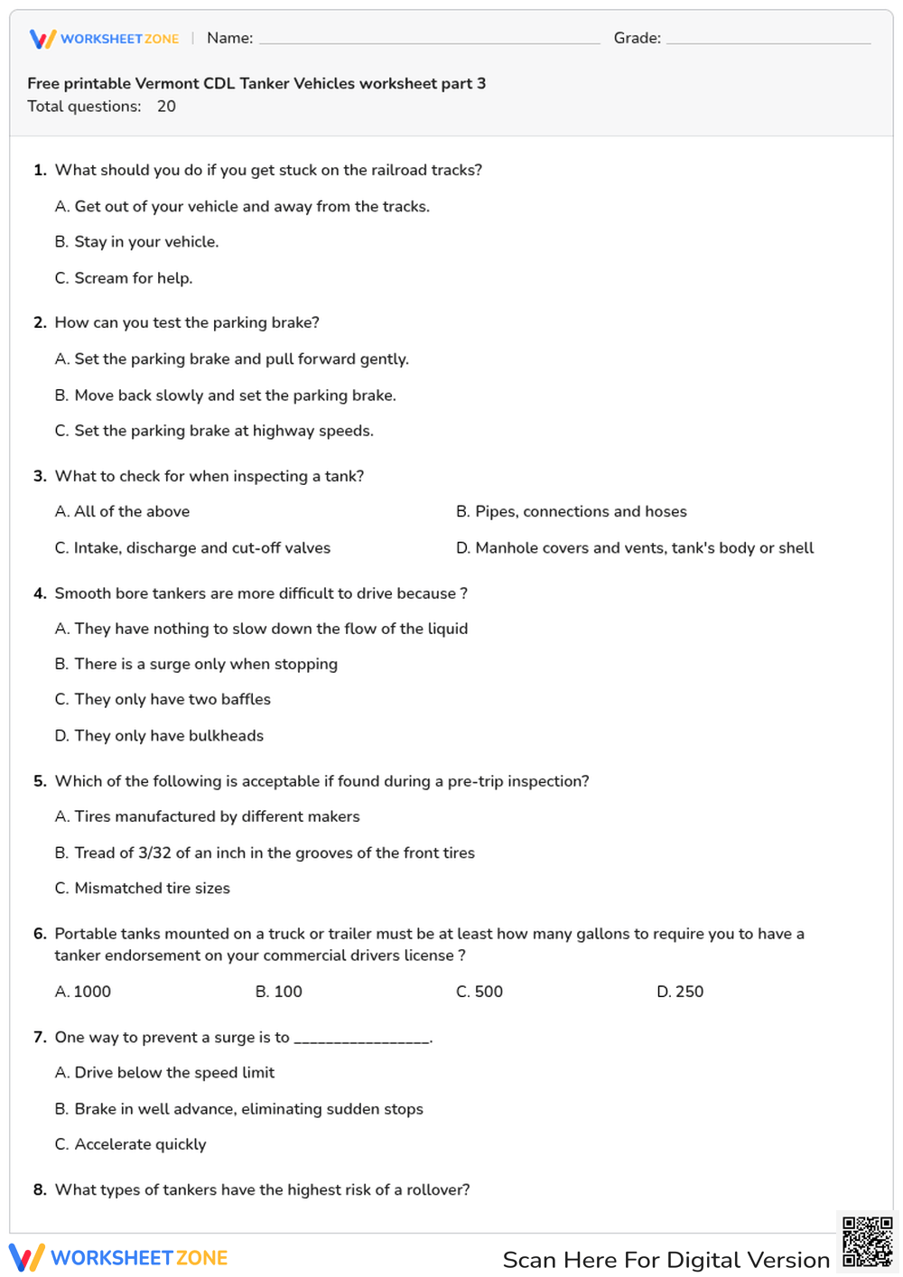 Free printable Vermont CDL Tanker Vehicles worksheet part 3