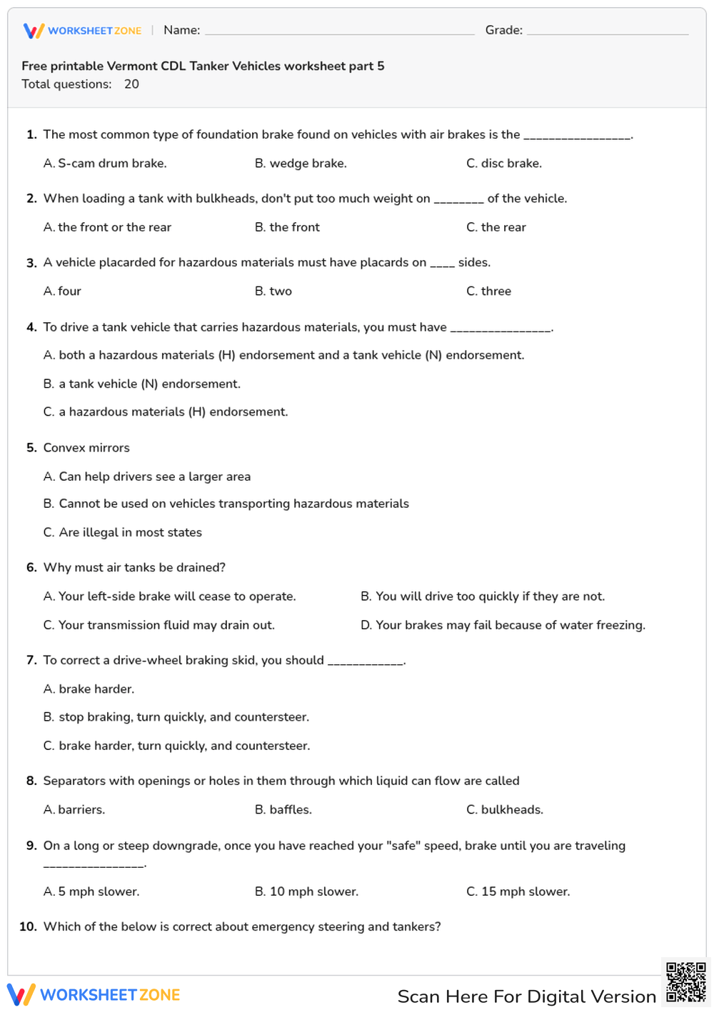 Free printable Vermont CDL Tanker Vehicles worksheet part 5