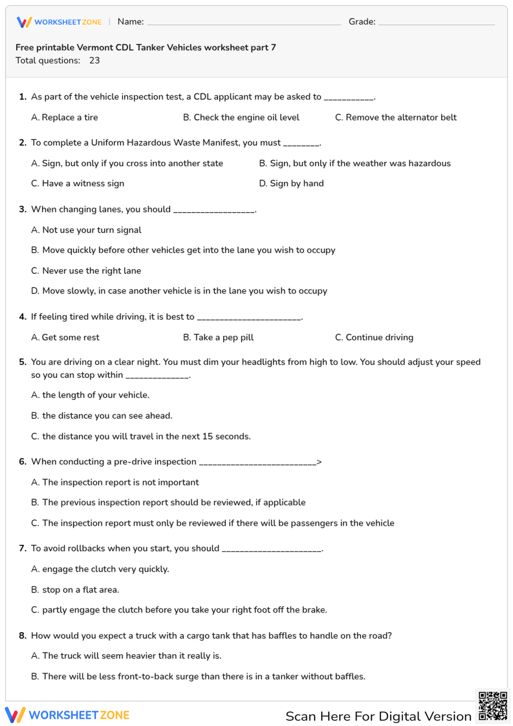 Free printable Vermont CDL Tanker Vehicles worksheet part 7
