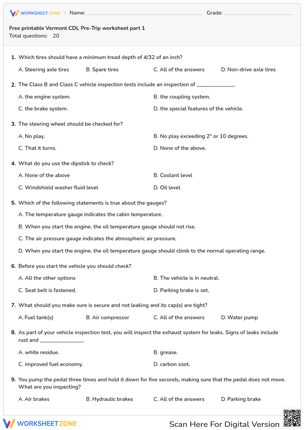 Free printable Vermont CDL Pre-Trip worksheet part 1