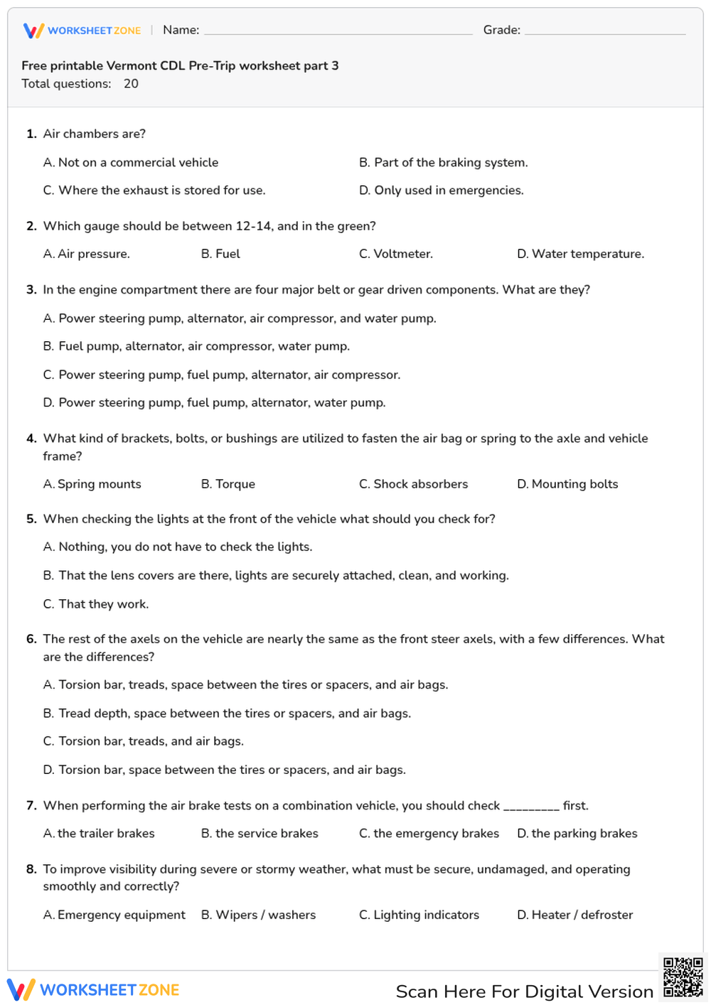 Free printable Vermont CDL Pre-Trip worksheet part 3