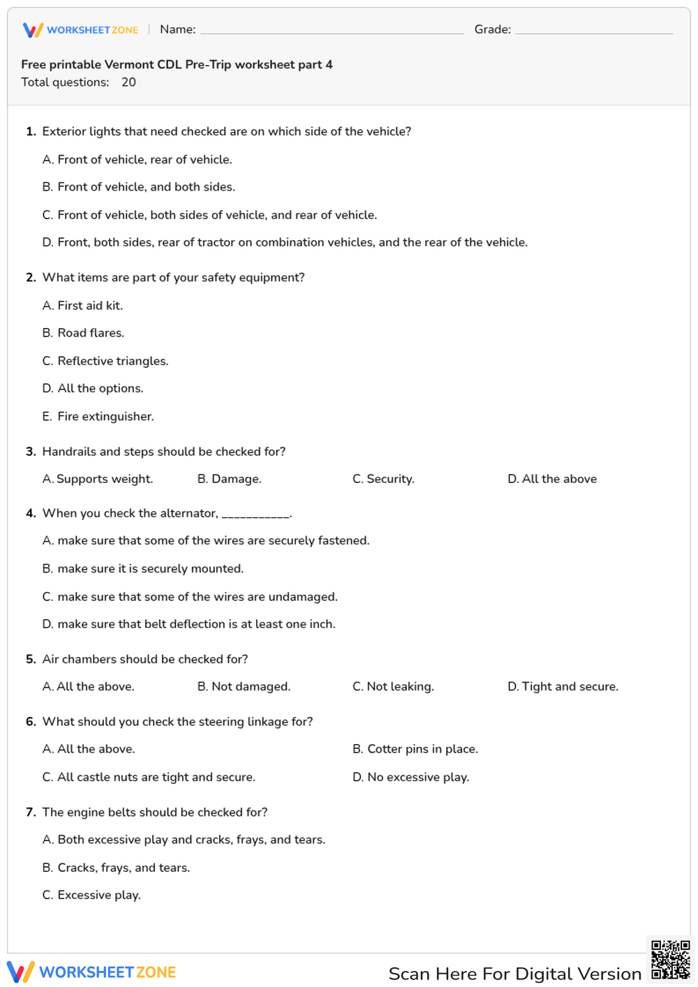 Free printable Vermont CDL Pre-Trip worksheet part 4