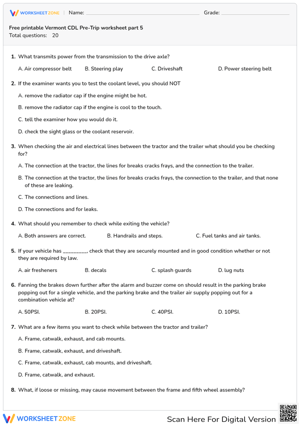 Free printable Vermont CDL Pre-Trip worksheet part 5