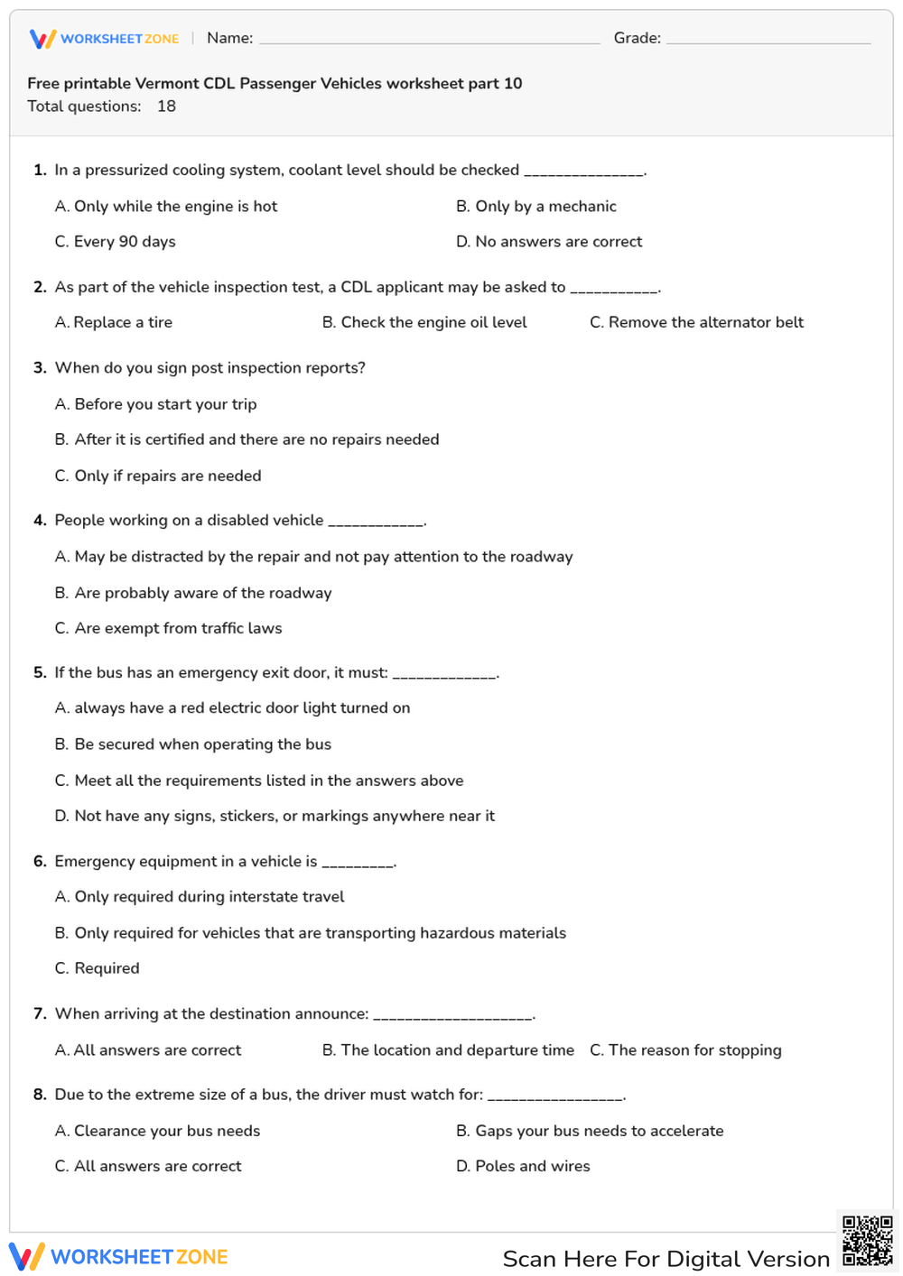 Free printable Vermont CDL Passenger Vehicles worksheet part 10