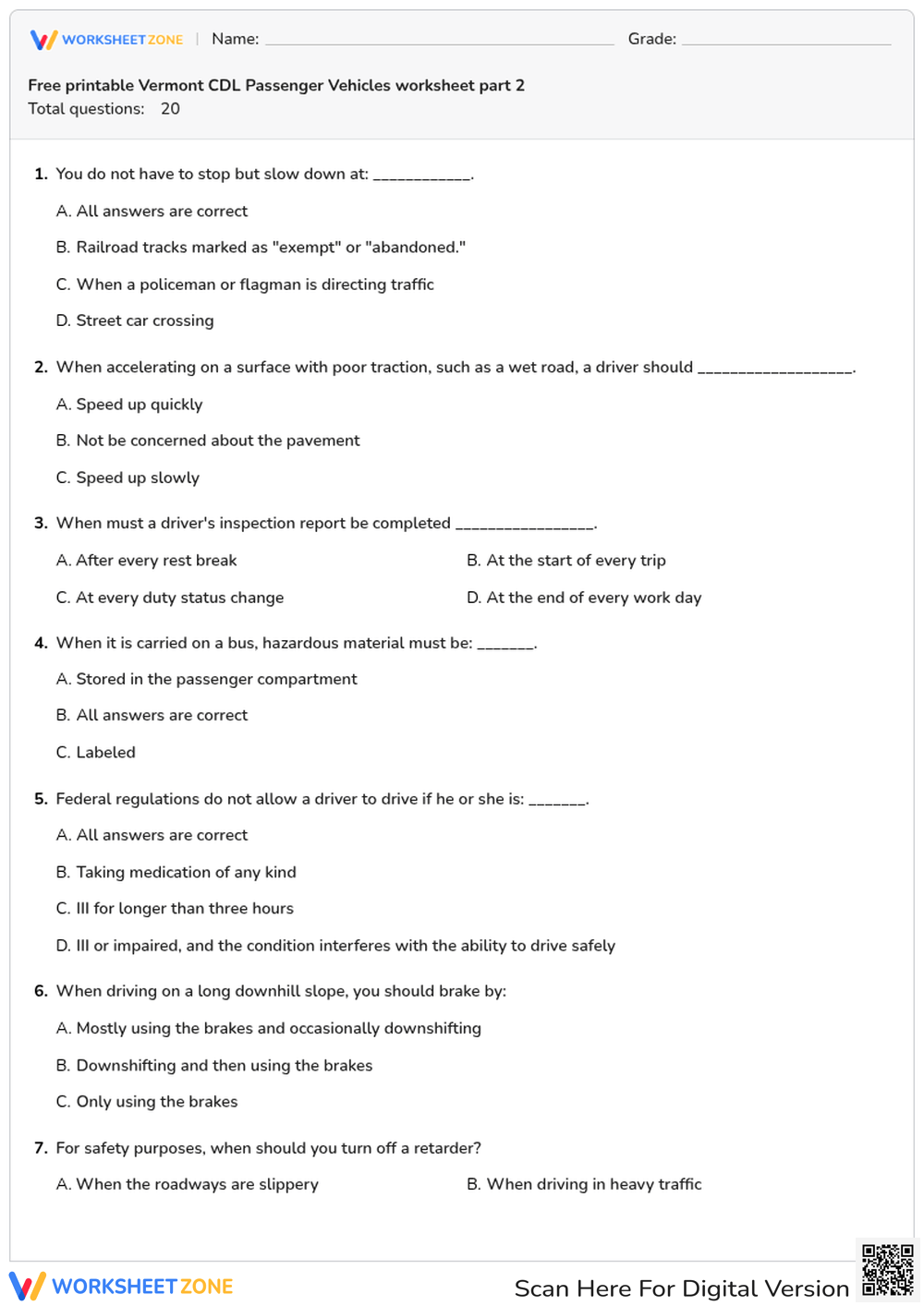 Free printable Vermont CDL Passenger Vehicles worksheet part 2