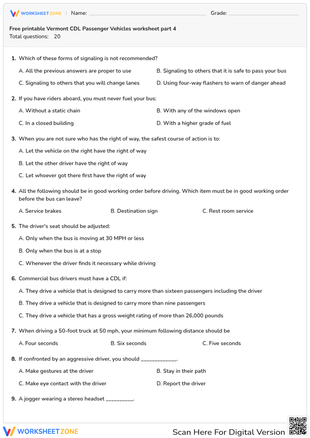 Free printable Vermont CDL Passenger Vehicles worksheet part 4