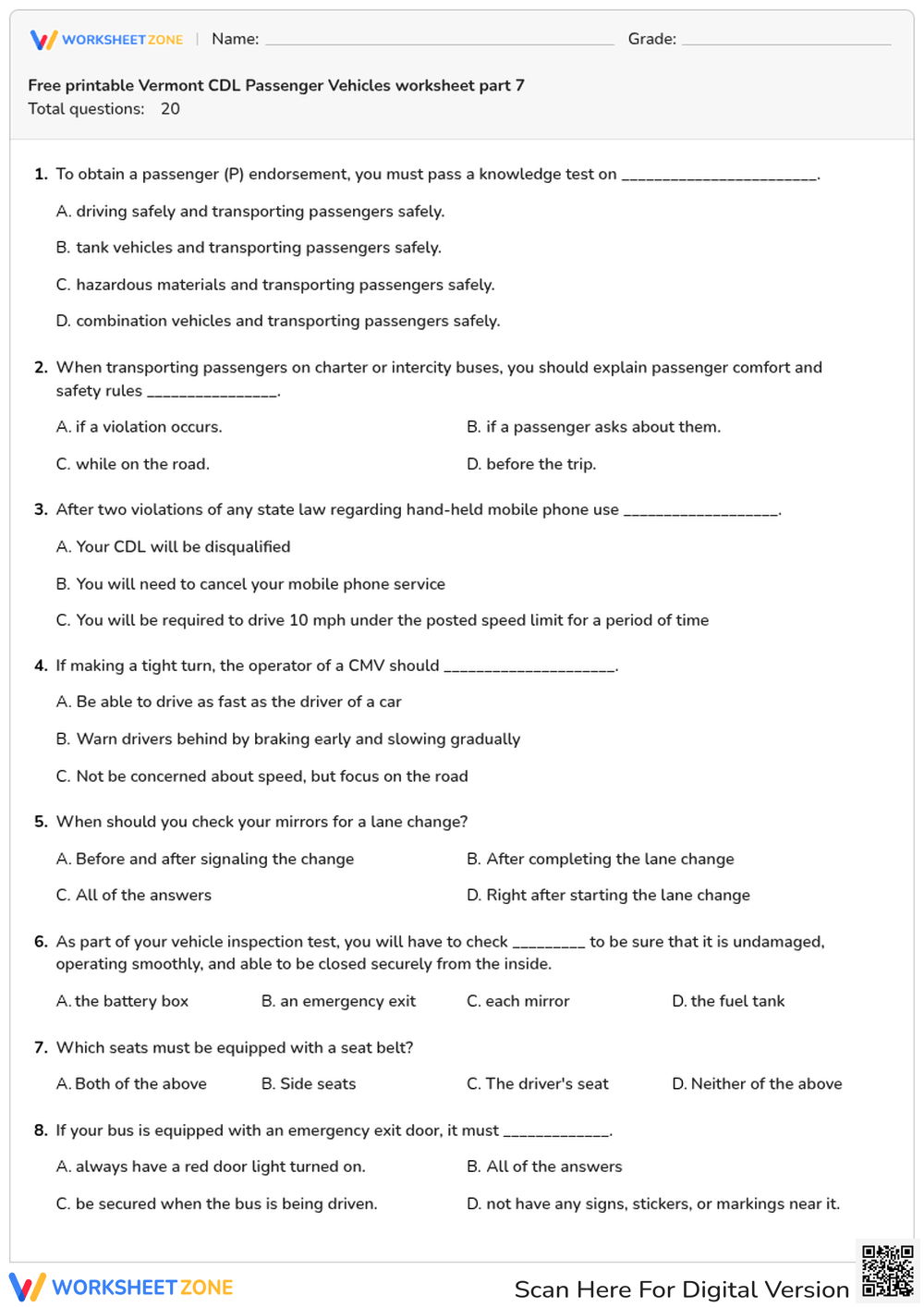 Free printable Vermont CDL Passenger Vehicles worksheet part 7