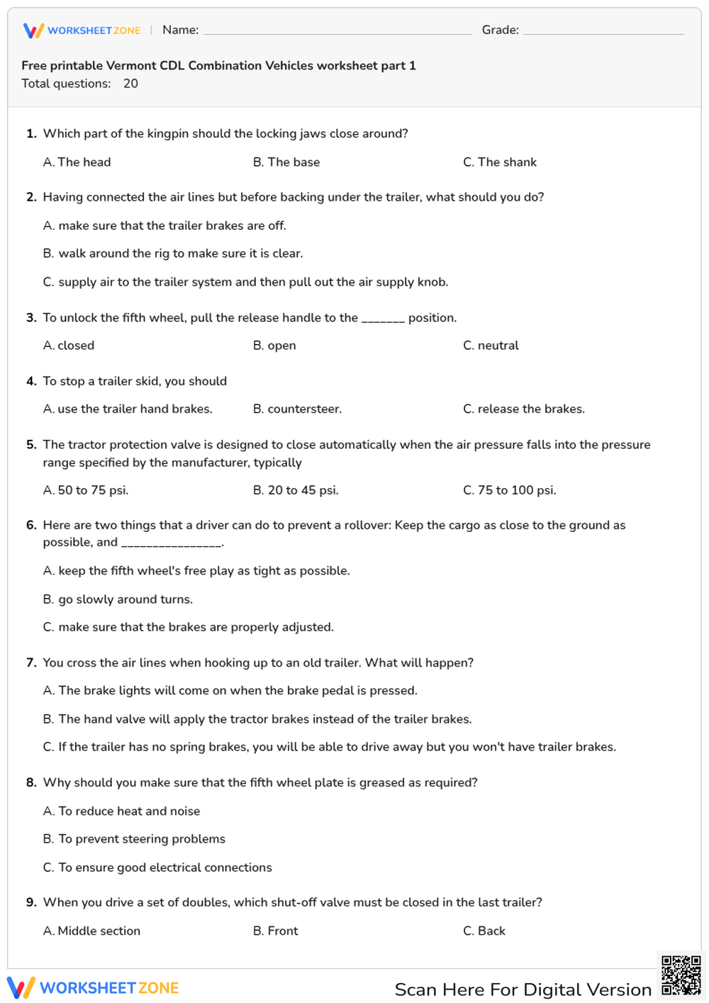 Free printable Vermont CDL Combination Vehicles worksheet part 1