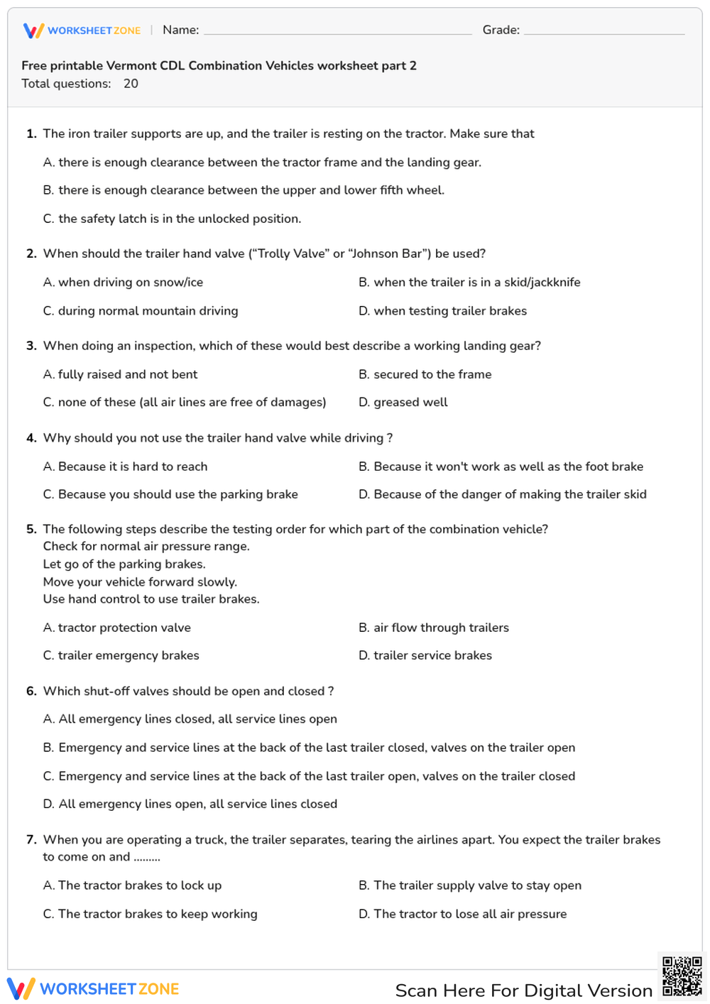 Free printable Vermont CDL Combination Vehicles worksheet part 2