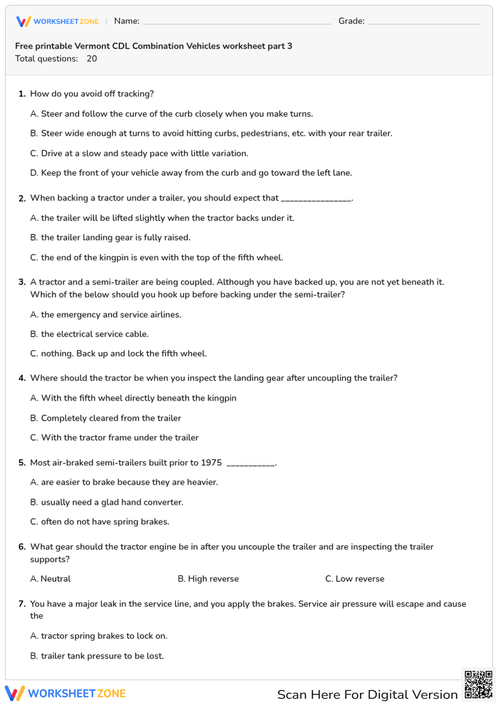 Free printable Vermont CDL Combination Vehicles worksheet part 3