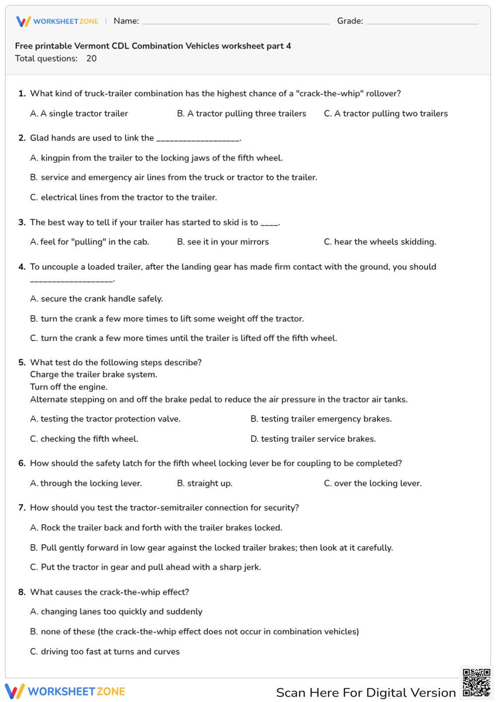 Free printable Vermont CDL Combination Vehicles worksheet part 4