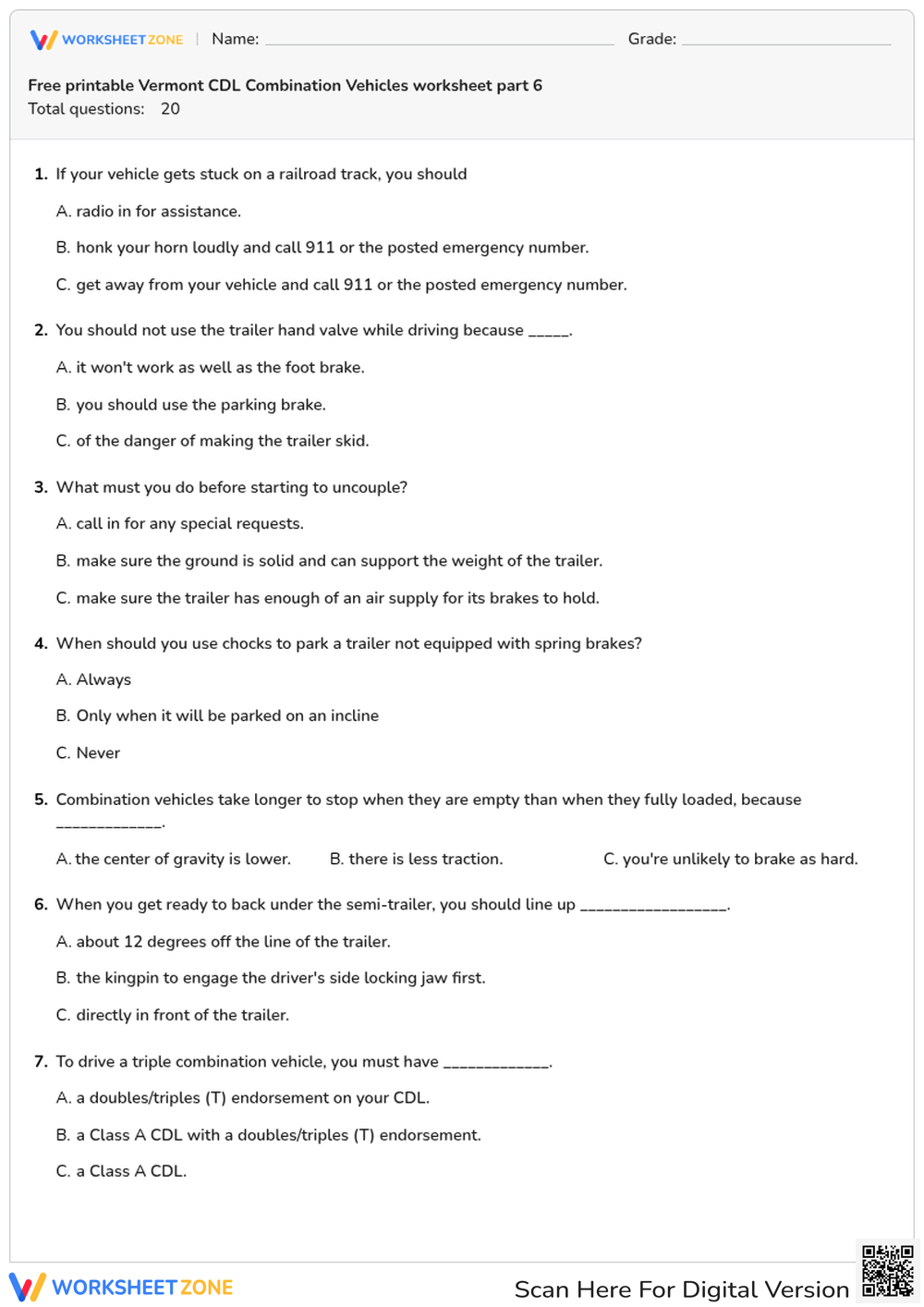 Free printable Vermont CDL Combination Vehicles worksheet part 6