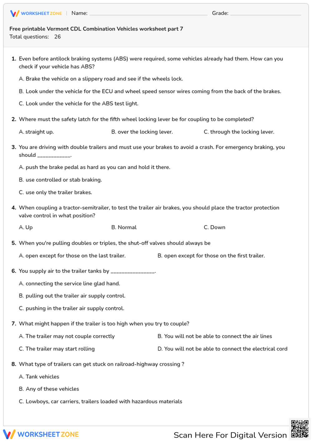 Free printable Vermont CDL Combination Vehicles worksheet part 7