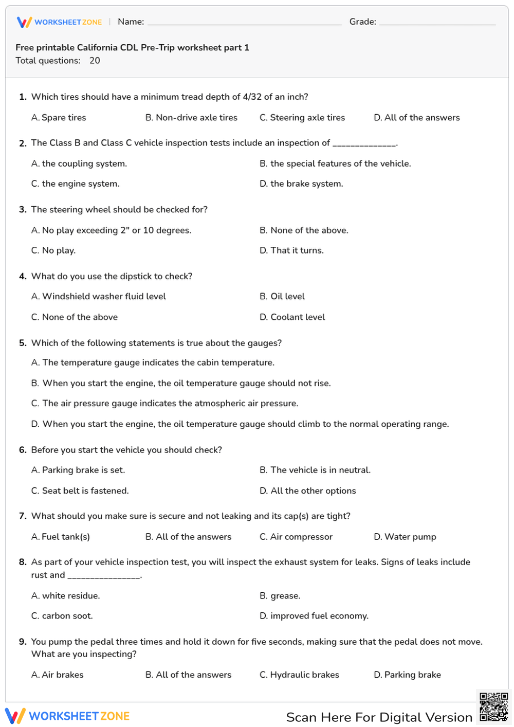 Free printable California CDL Pre-Trip worksheet part 1