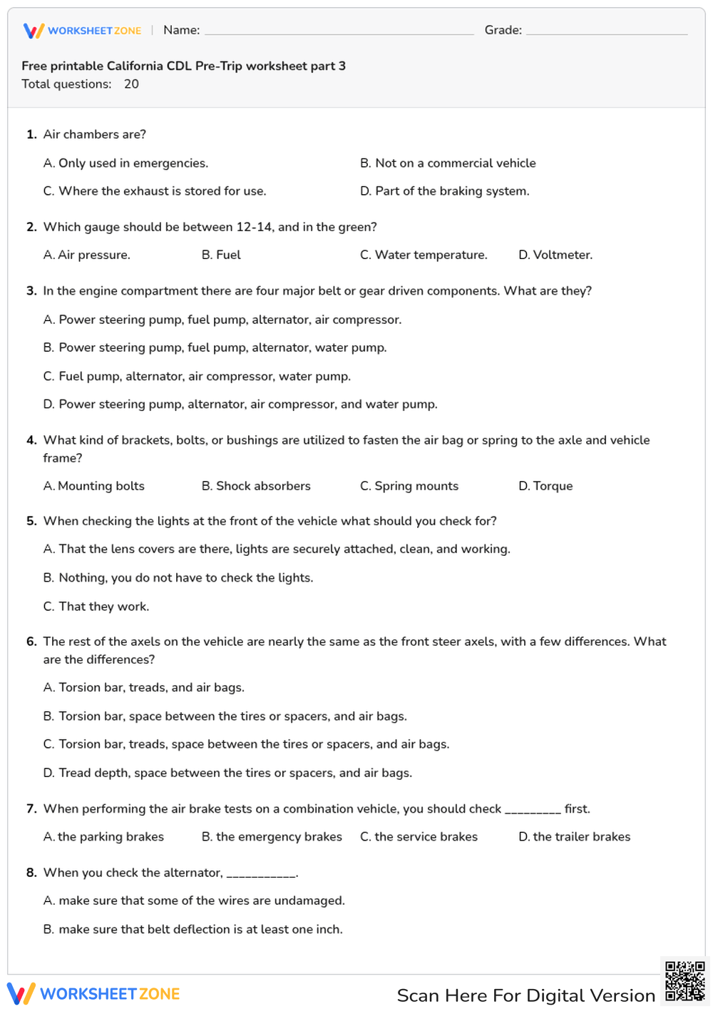 Free printable California CDL Pre-Trip worksheet part 3