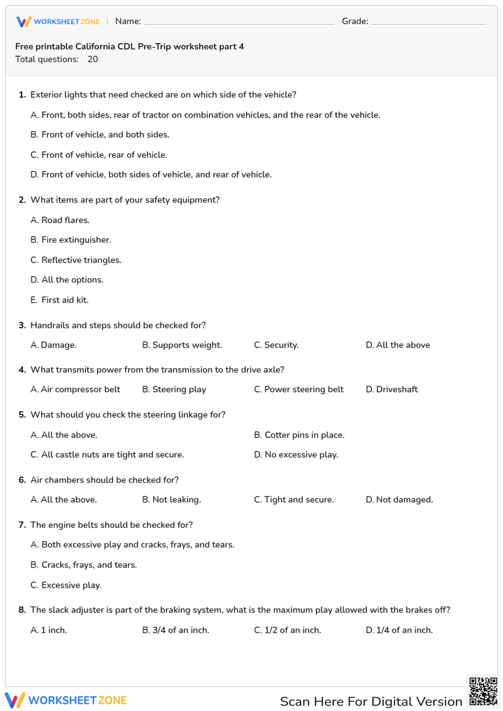 Free printable California CDL Pre-Trip worksheet part 4