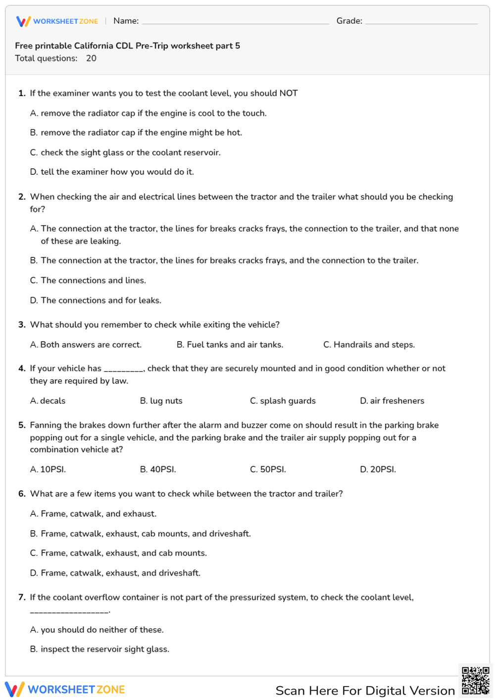 Free printable California CDL Pre-Trip worksheet part 5