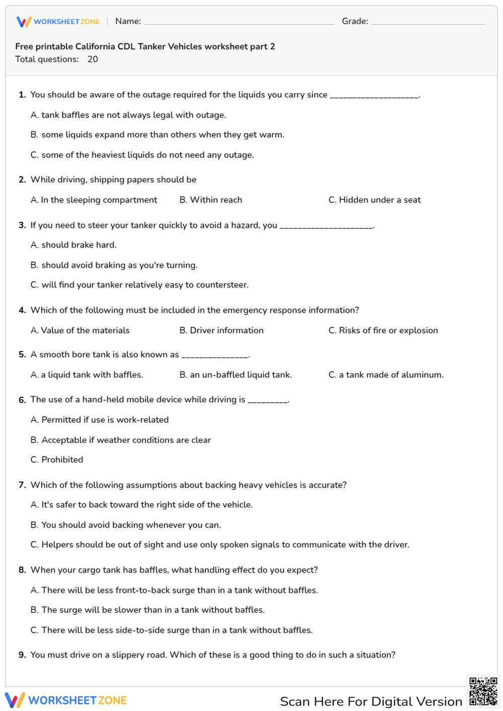 Free printable California CDL Tanker Vehicles worksheet part 2