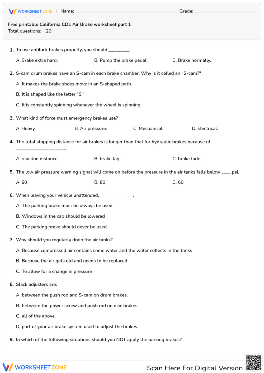 Free printable California CDL Air Brake worksheet part 1