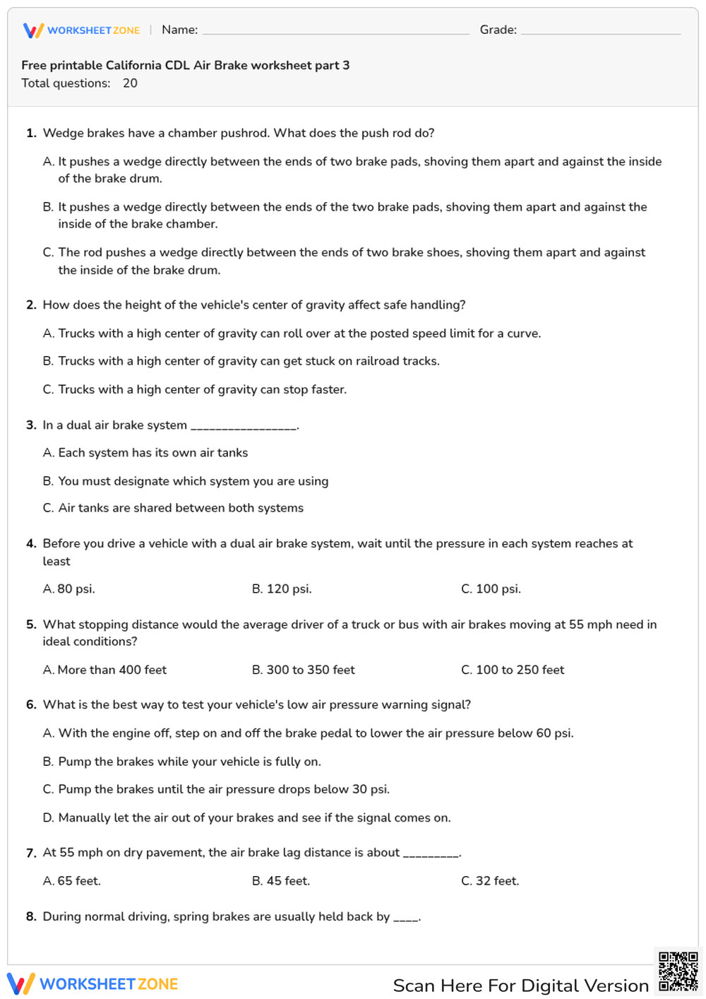 Free printable California CDL Air Brake worksheet part 3